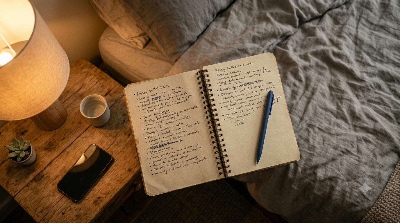 Open notitieboekje met pen op een nachtkastje naast een bed