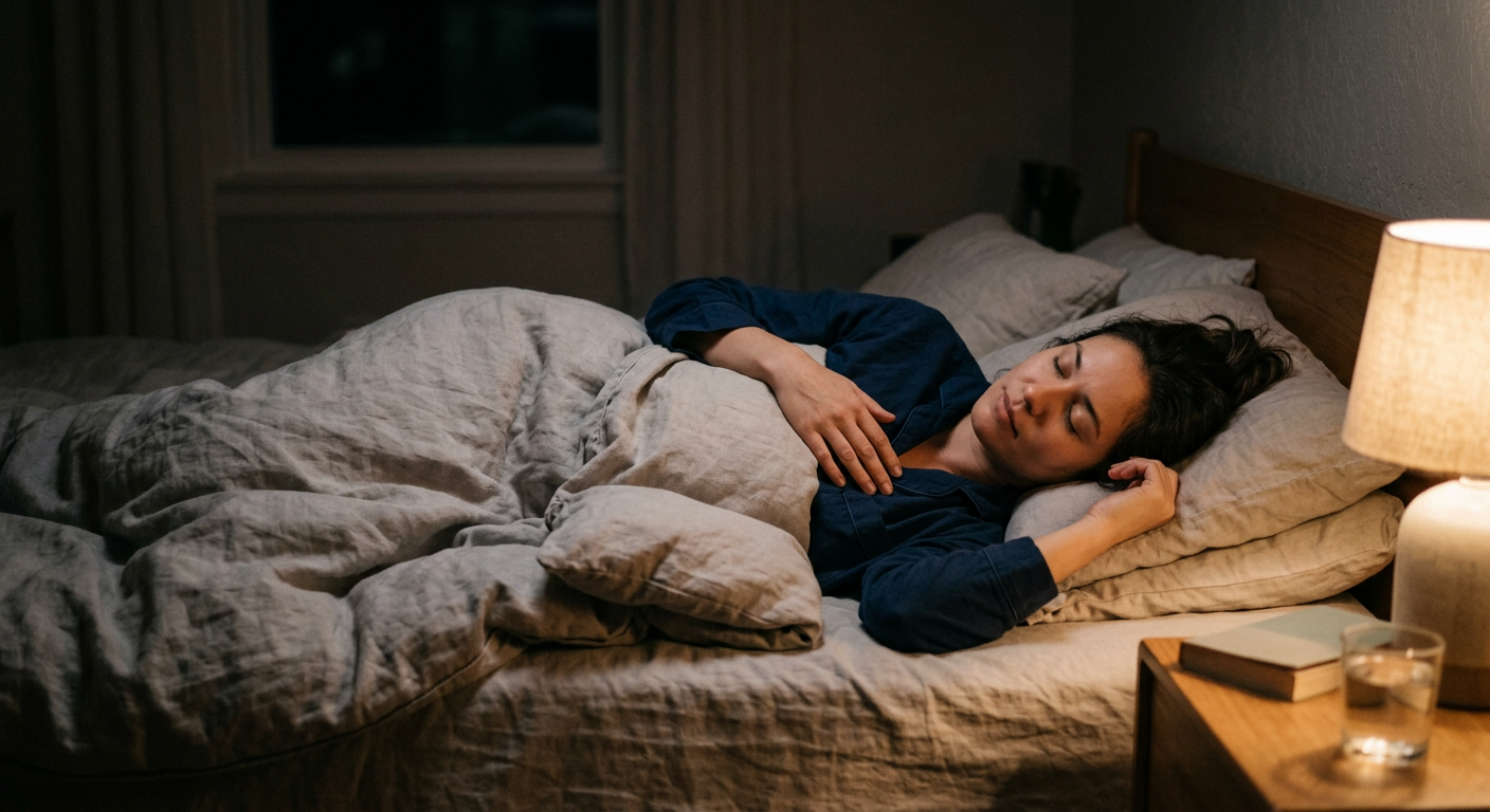 Persoon ligt ontspannen in bed met hand op de borst tijdens ademhalingsoefening