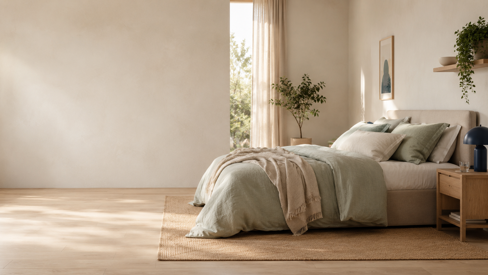 Slaapkamer met opgemaakt bed, waarbij eerste zonnestralen subtiel via het raam binnenkomen.