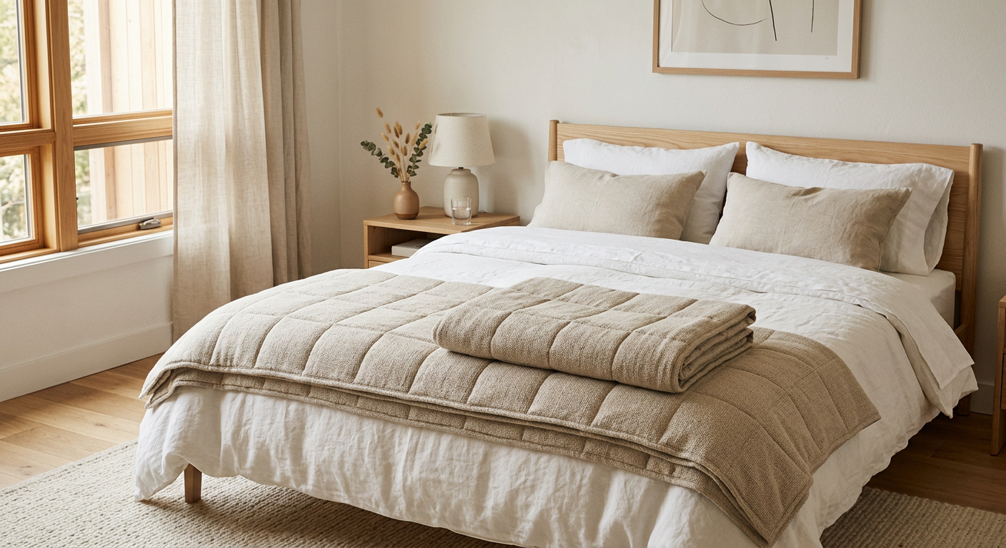 Opgemaakt bed met een gevlochten verzwaringsdeken in neutrale kleuren