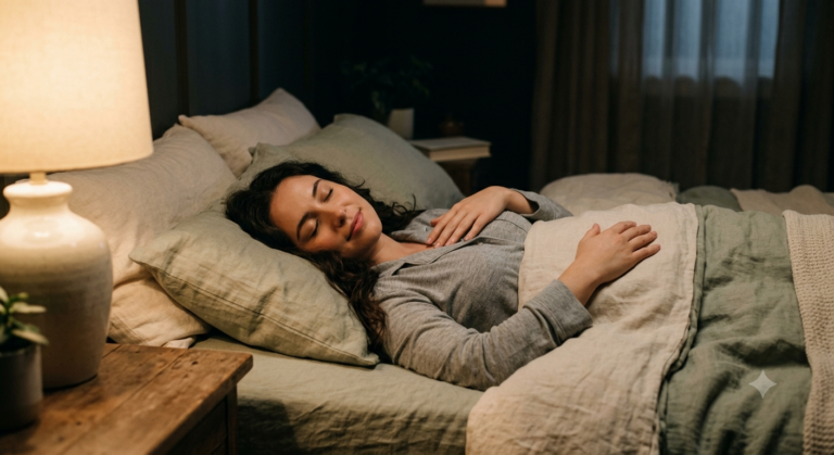 Persoon ligt in bed met een hand op de buik tijdens een rustige ademhalingsoefening