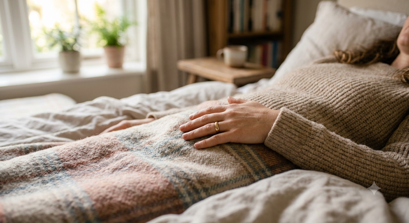 Hand op de buik tijdens een rustige buikademhaling in bed