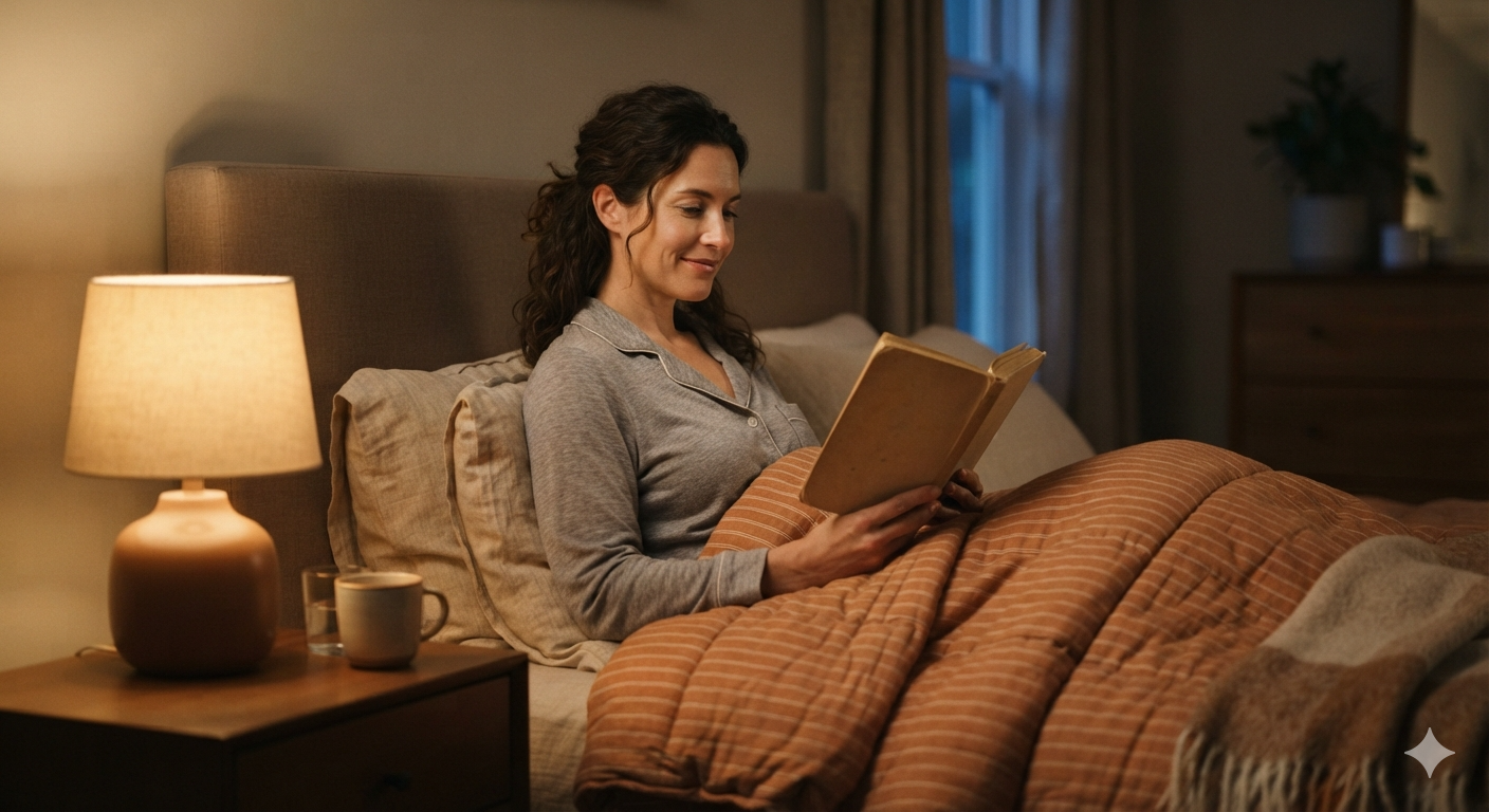 Persoon leest een boek in bed bij het warme licht van een gedimde bedlamp