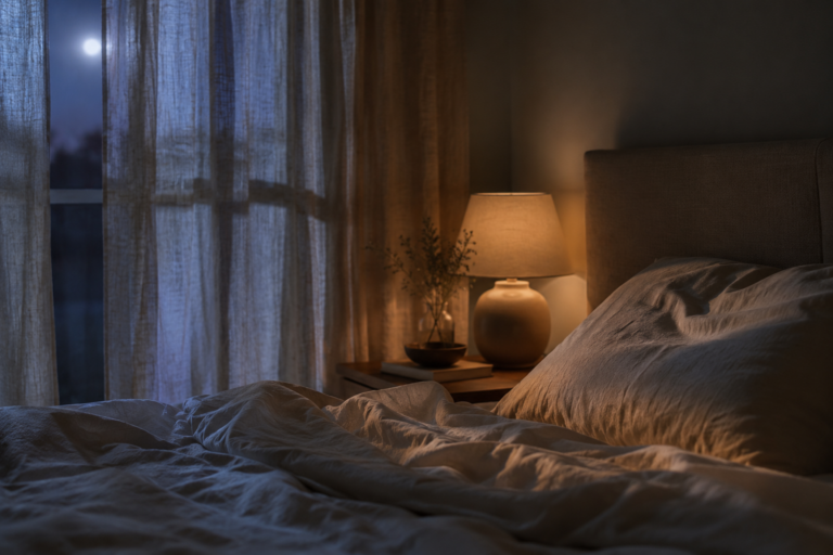 Rustige slaapkamer bij nacht met zacht maanlicht door de gordijnen