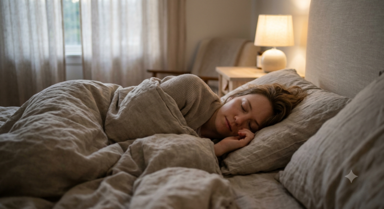 Persoon ligt ontspannen in bed in warm avondlicht