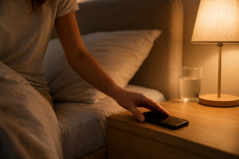 Persoon legt 's avonds de smartphone weg op een nachtkastje bij warm lamplicht