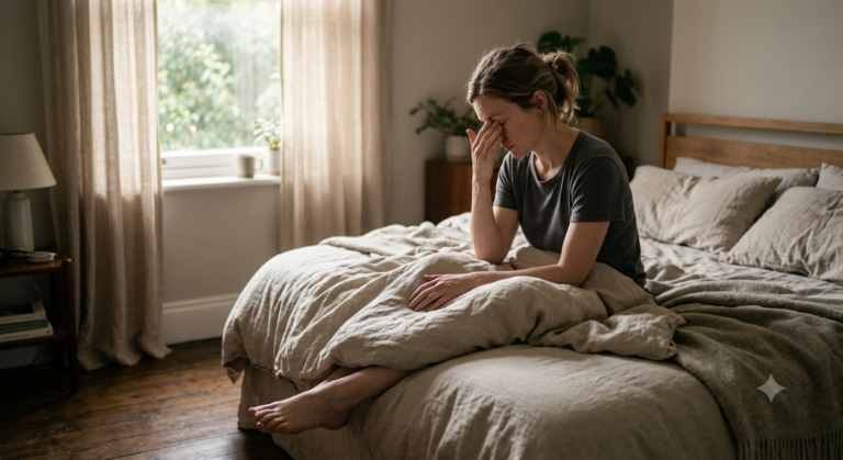 Vermoeide vrouw wrijft in haar ogen bij het ochtendlicht in de slaapkamer