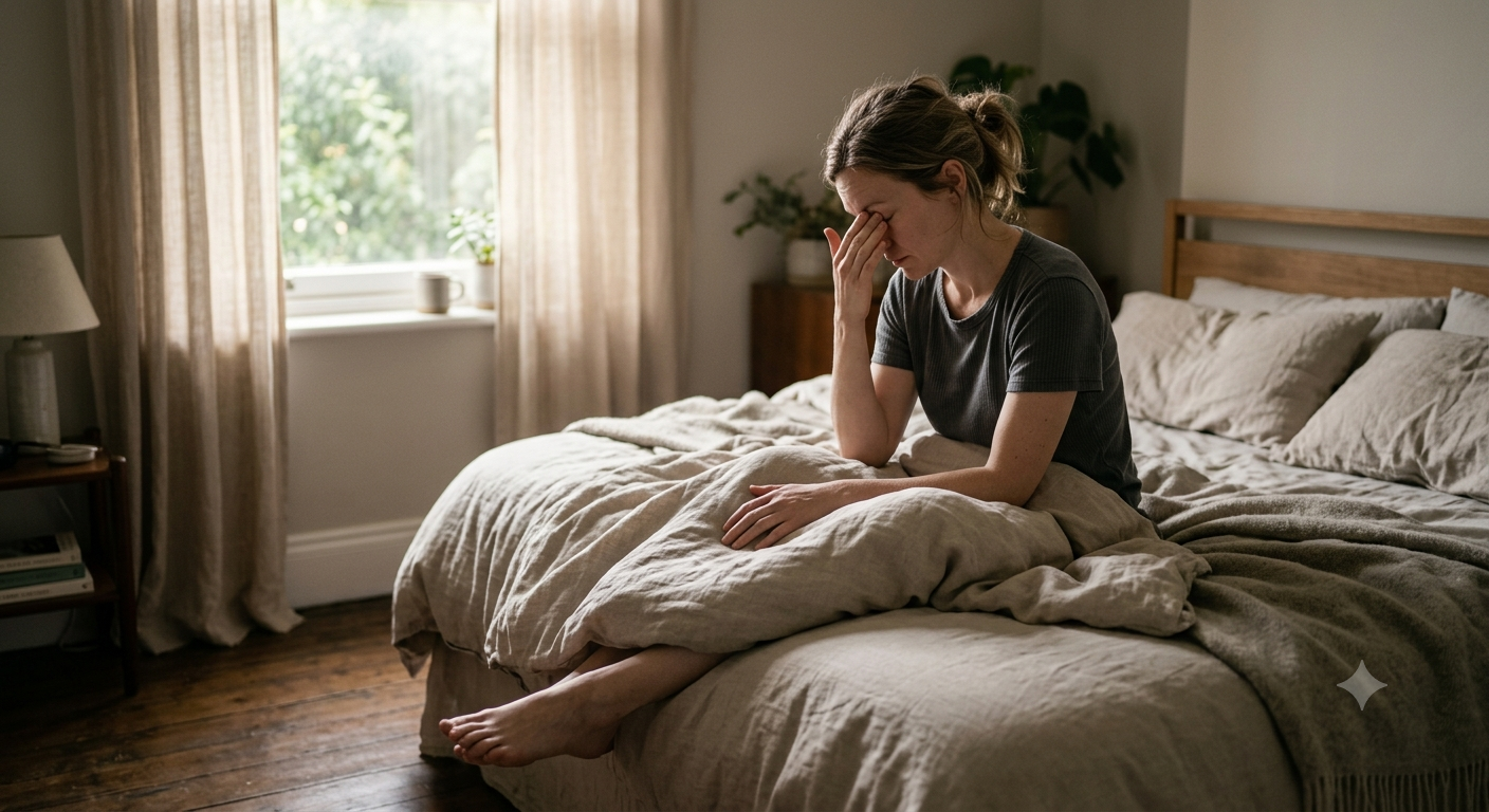 Vermoeide vrouw wrijft in haar ogen bij het ochtendlicht in de slaapkamer