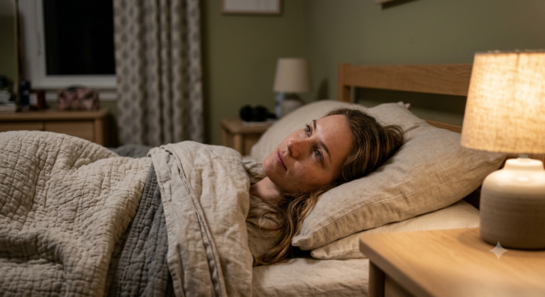 Vrouw ligt wakker in bed met open ogen bij zacht nachtlicht