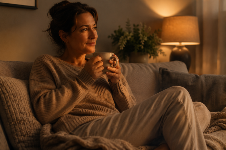 Vrouw ontspant 's avonds op de bank met een kop thee in warm licht.