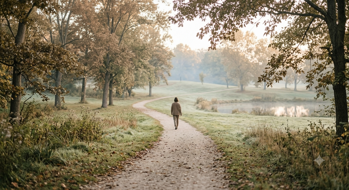 Persoon maakt 's ochtends een korte wandeling in het daglicht