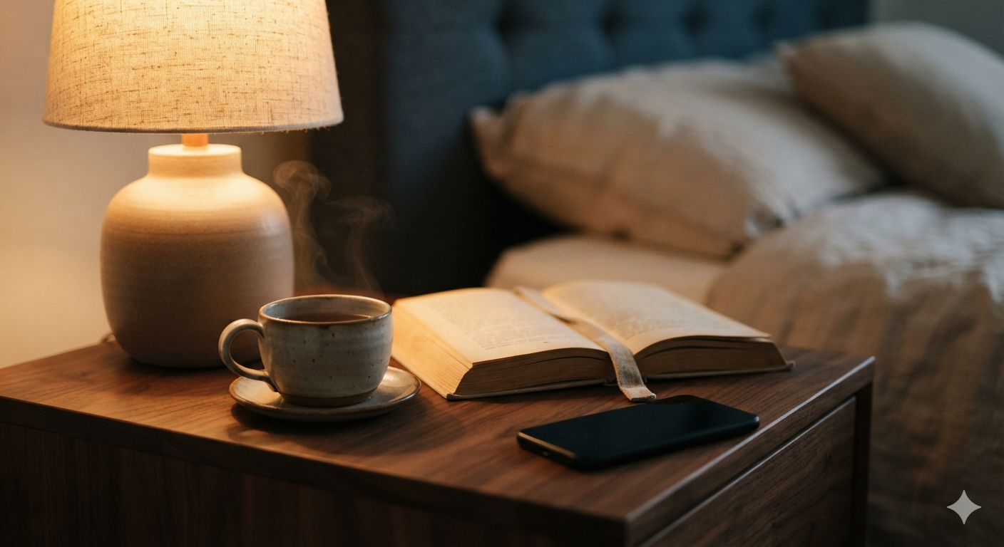 Nachtkastje met een gedimde lamp, een kop kruidenthee, een boek en een telefoon die met het scherm naar beneden ligt