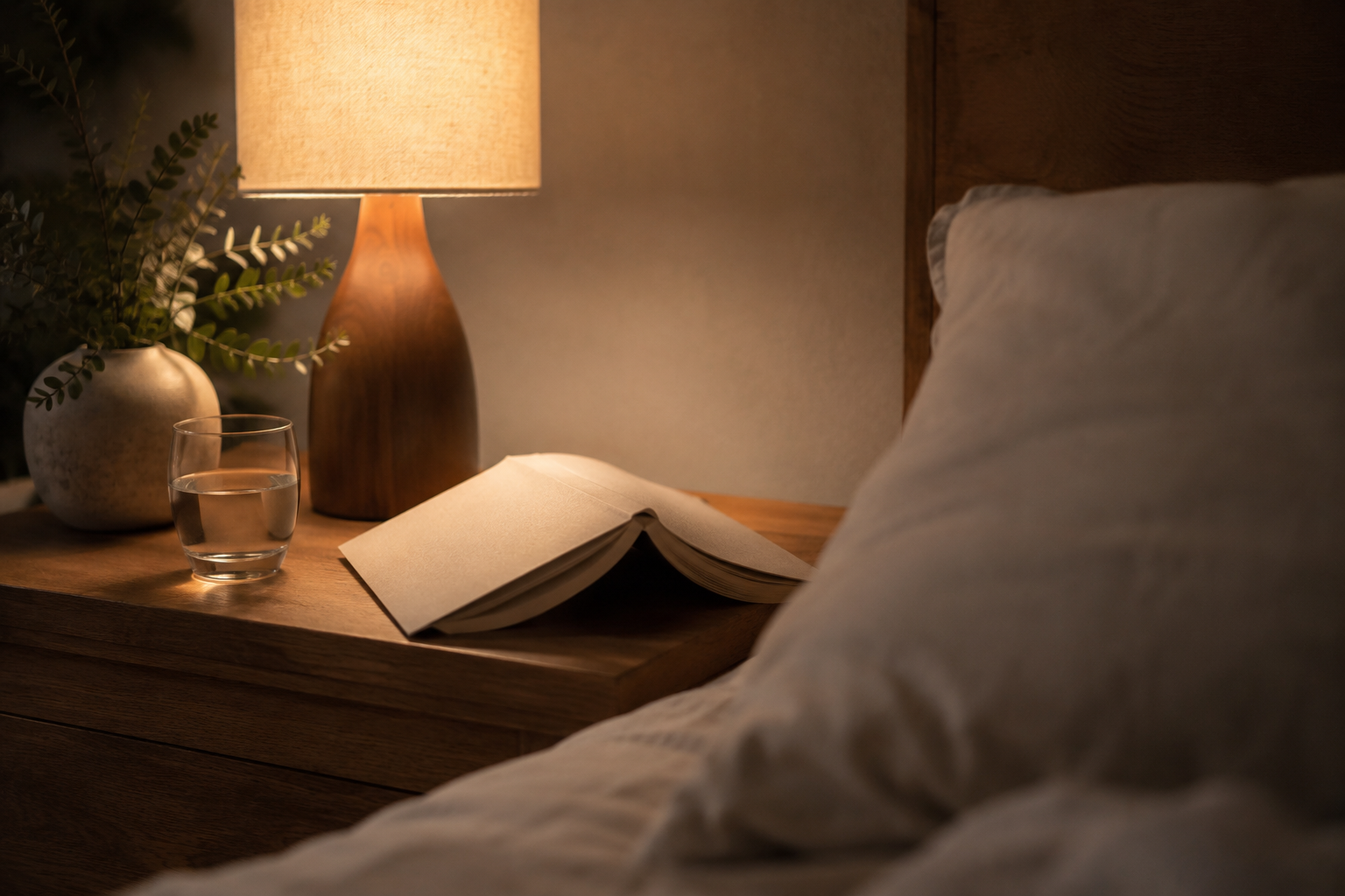 Nachtkastje met een open boek en een zacht brandende schemerlamp