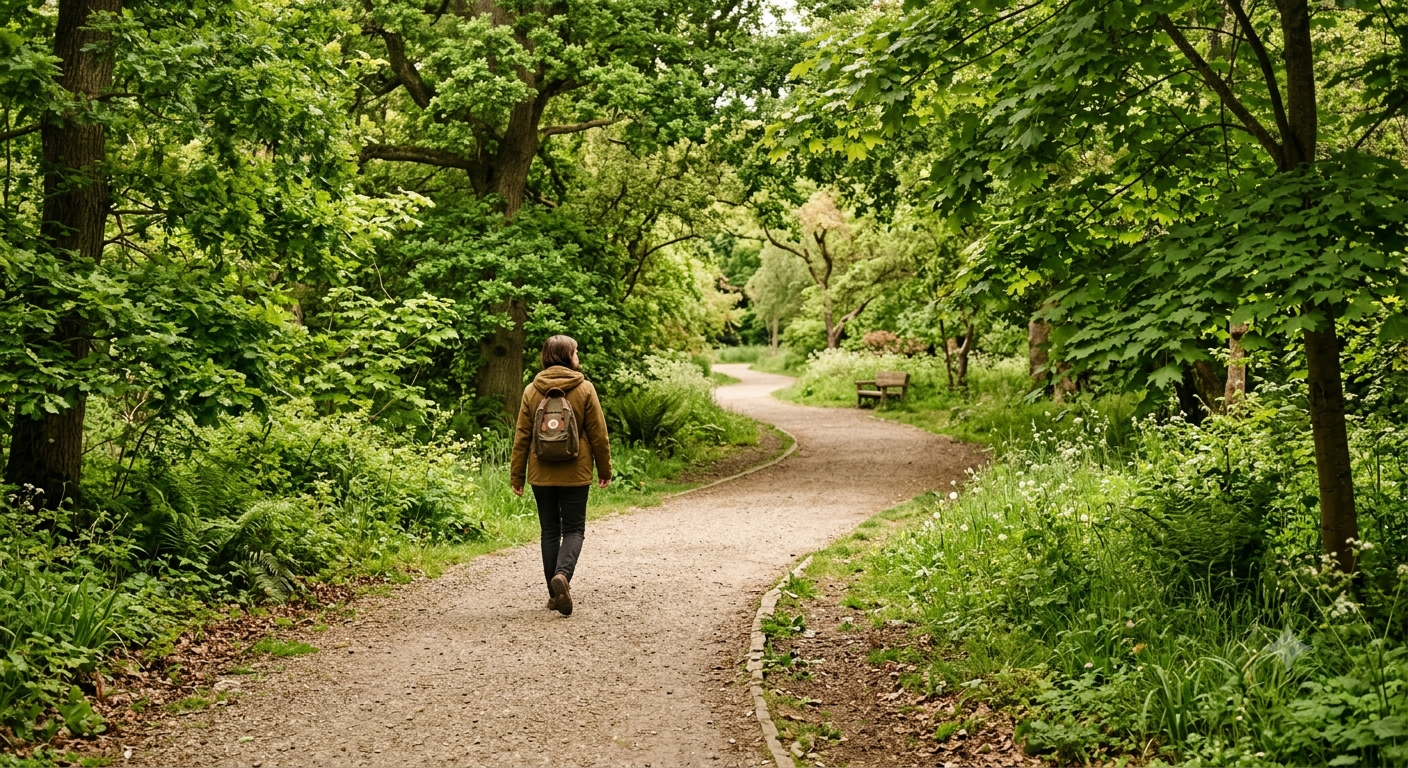 Rustige wandeling door een groen park in zacht daglicht
