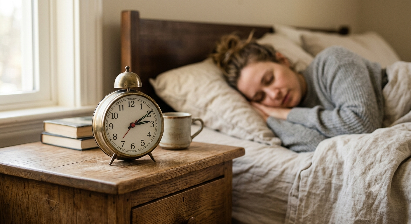 Wekker op een nachtkastje naast iemand die een kort dutje doet