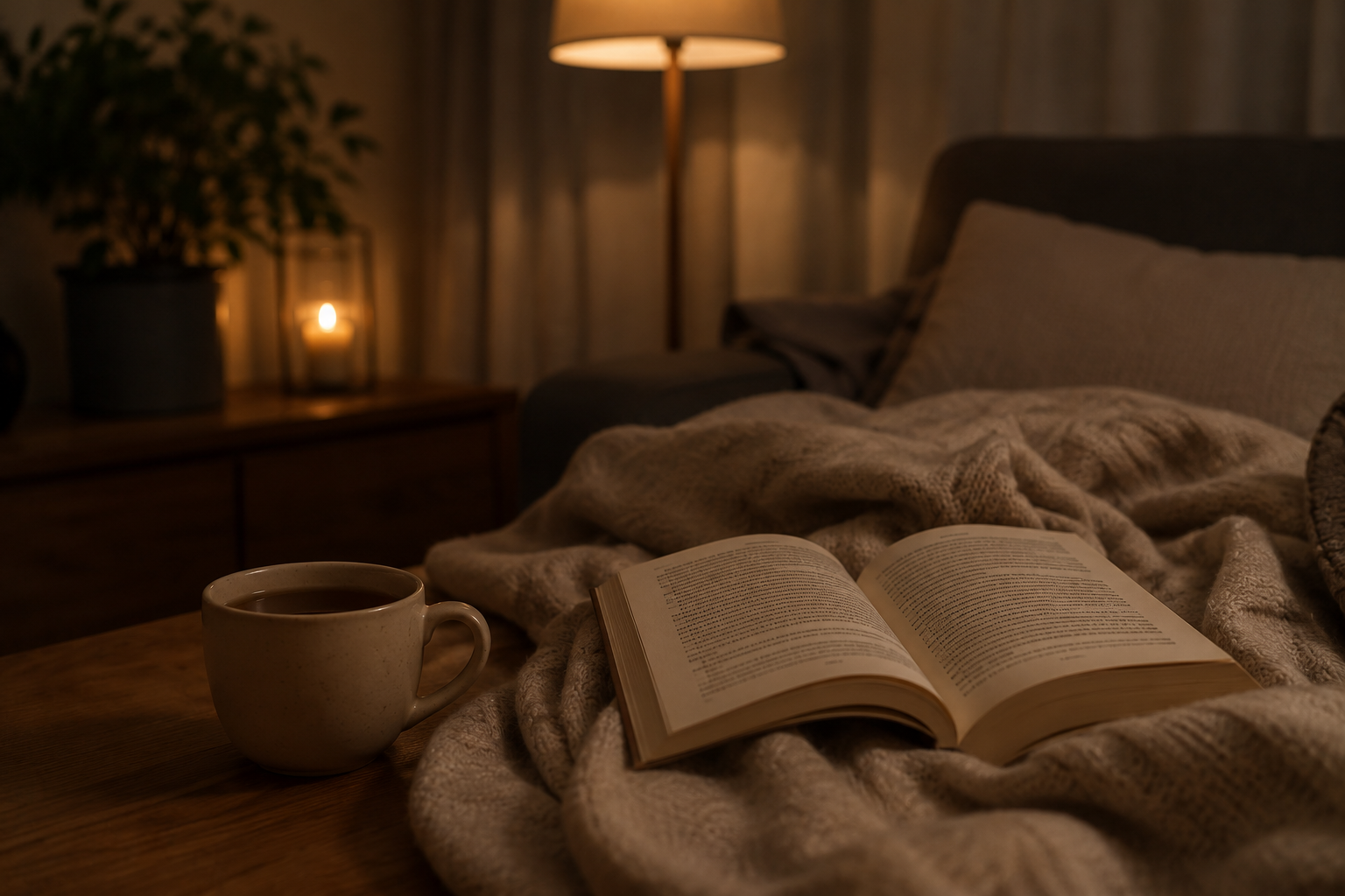 Warm verlichte woonkamer 's avonds met een opengeslagen boek en gedimde lamp in plaats van een scherm