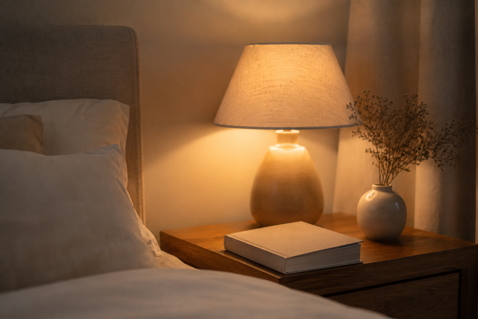 Opgeruimd nachtkastje met een dichtgeslagen boek en een gedimde, warme lamp