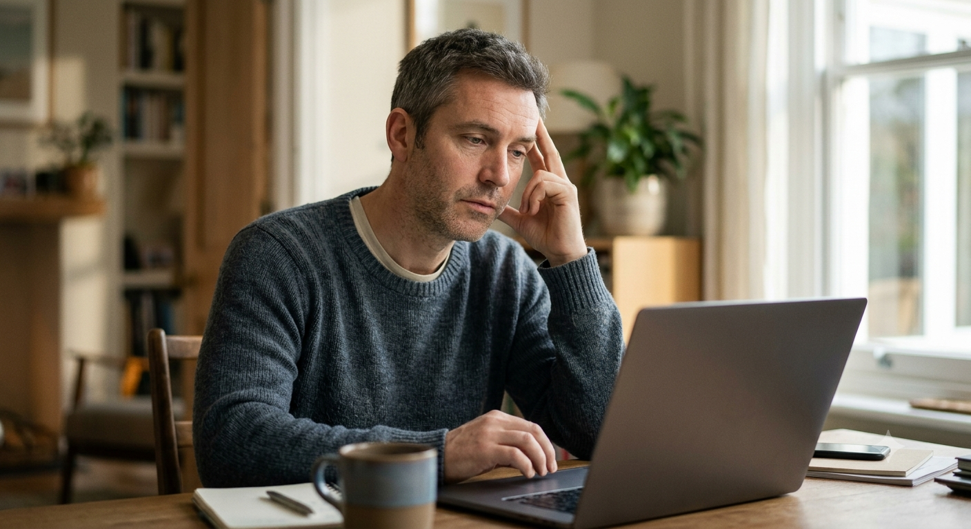 Man met vermoeide blik achter zijn laptop op kantoor overdag