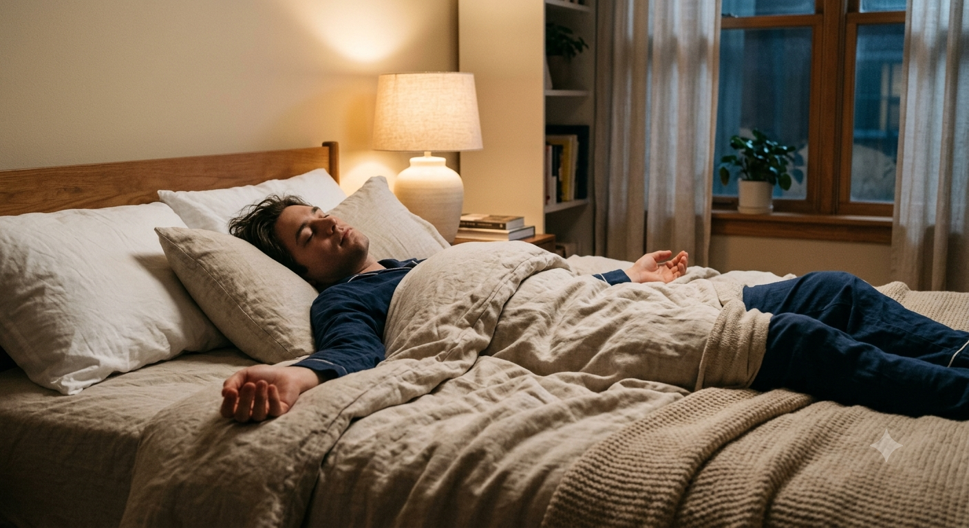 Persoon ligt ontspannen op de rug in bed met de armen losjes langs het lichaam tijdens een bodyscan