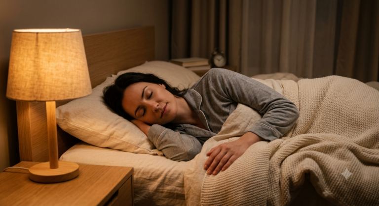 Persoon ligt ontspannen in bed in een warm verlichte, rustige slaapkamer