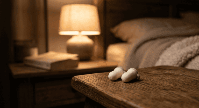 Slaapoordoppen op een nachtkastje in een rustige, warm verlichte slaapkamer