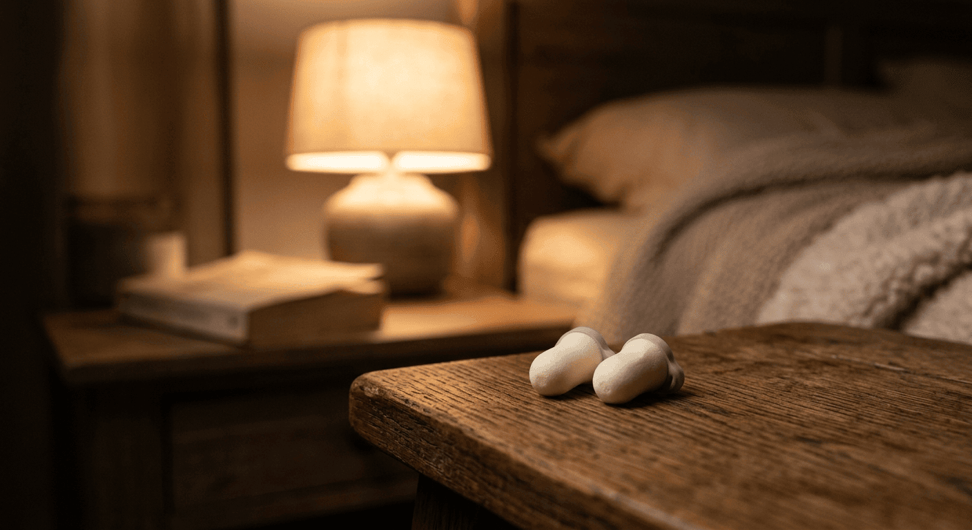 Slaapoordoppen op een nachtkastje in een rustige, warm verlichte slaapkamer