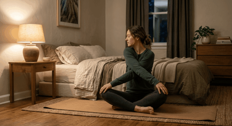 Persoon doet een rustige rekoefening op een mat naast het bed in een warm verlichte slaapkamer