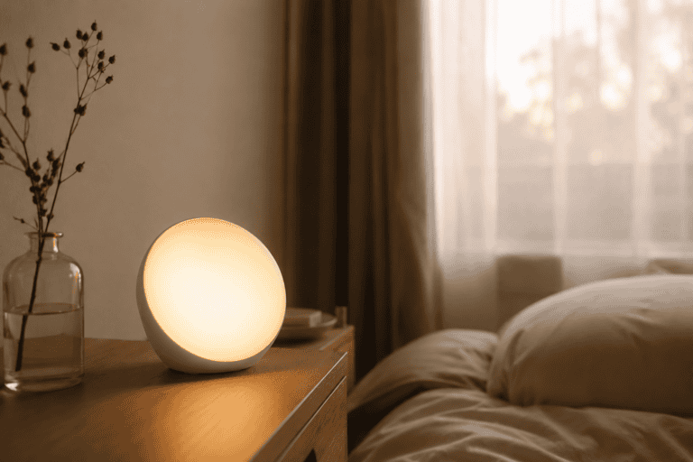 Wake-up light op een nachtkastje met zacht oranje ochtendlicht in een rustige slaapkamer