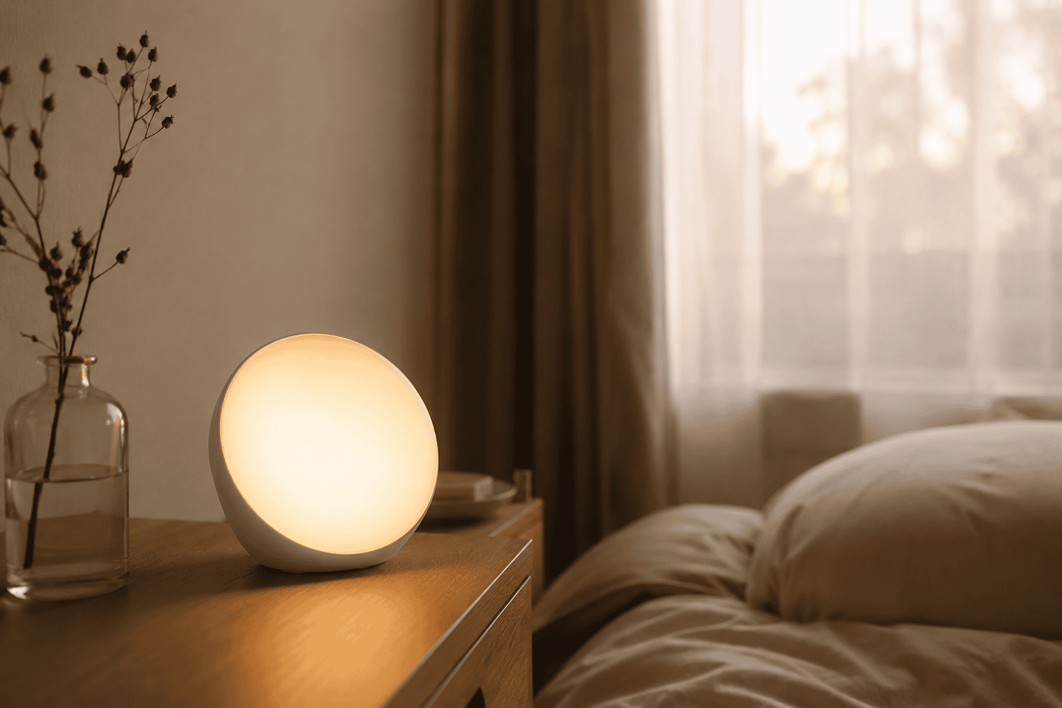 Wake-up light op een nachtkastje met zacht oranje ochtendlicht in een rustige slaapkamer