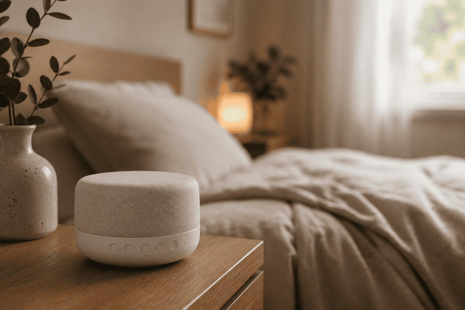 White-noise-apparaat op een nachtkastje in een rustige, donkere slaapkamer