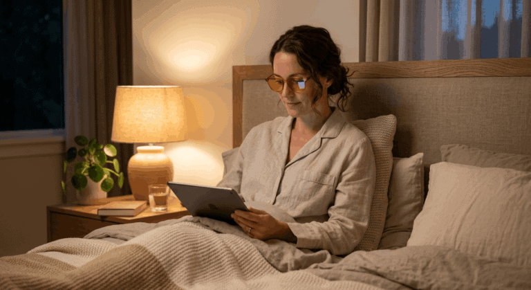 Vrouw met amberkleurige blauwlichtbril leest 's avonds op een tablet in een warm verlichte slaapkamer