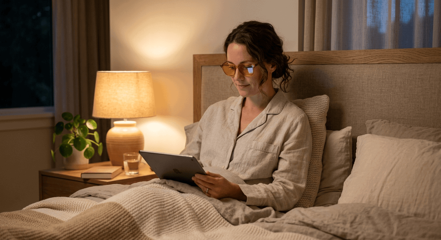 Vrouw met amberkleurige blauwlichtbril leest 's avonds op een tablet in een warm verlichte slaapkamer