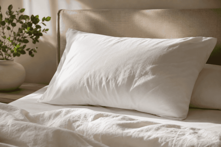 Opgemaakt bed met een zacht hoofdkussen in warm ochtendlicht