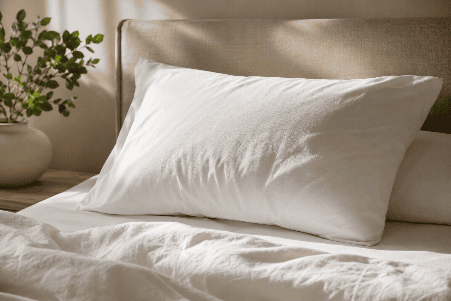 Opgemaakt bed met een zacht hoofdkussen in warm ochtendlicht