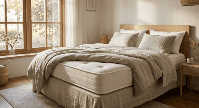 Opgemaakt bed met een matras in een rustige slaapkamer met natuurlijk licht