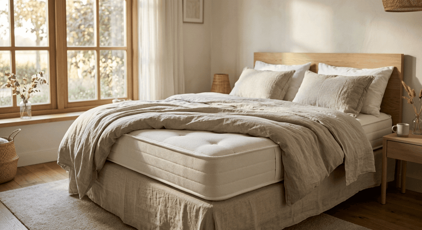 Opgemaakt bed met een matras in een rustige slaapkamer met natuurlijk licht