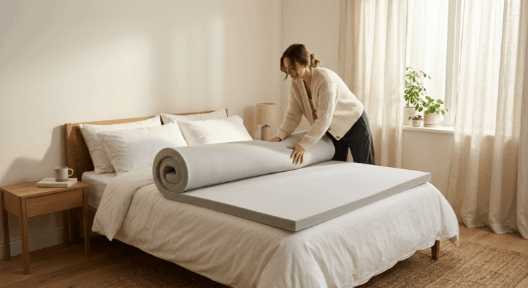 Opgerolde topmatras die op een tweepersoonsmatras wordt uitgelegd in een rustige slaapkamer