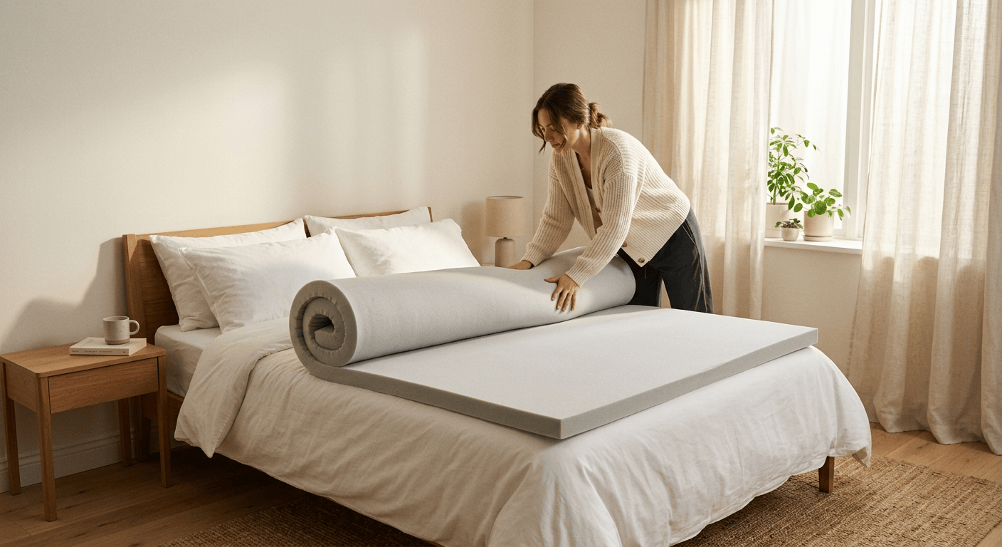 Opgerolde topmatras die op een tweepersoonsmatras wordt uitgelegd in een rustige slaapkamer