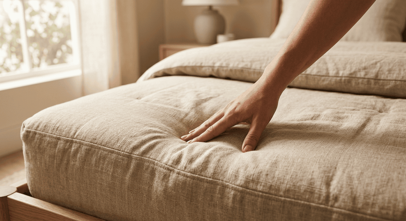 Hand die op het oppervlak van een matras drukt om de stevigheid te voelen