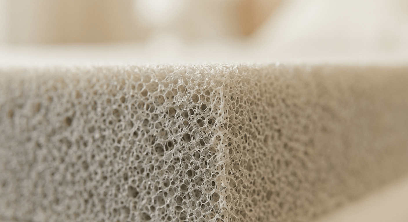 Close-up van de open celstructuur van een koudschuim topmatras