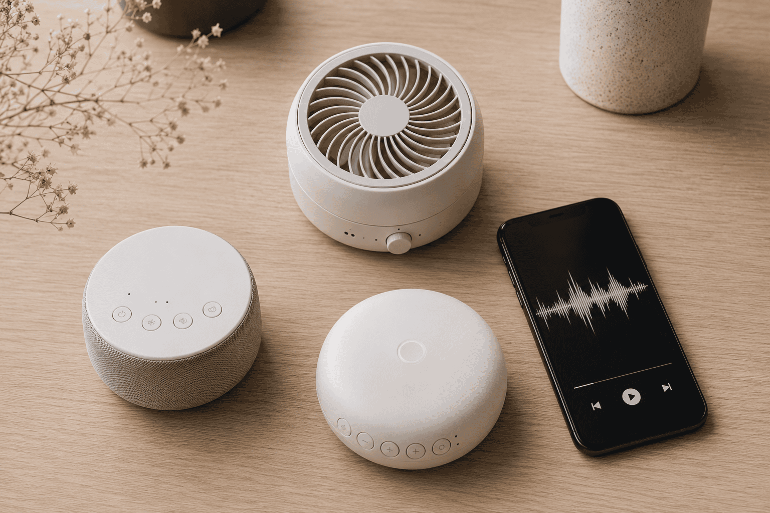 Verschillende soorten white-noise-apparaten naast elkaar op een tafel