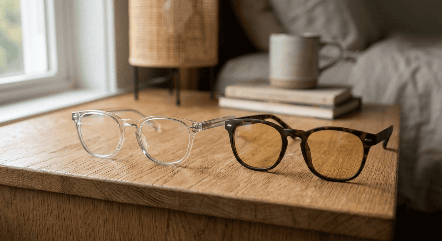 Blauwlichtbrillen met heldere en amberkleurige glazen op een houten nachtkastje bij zacht avondlicht
