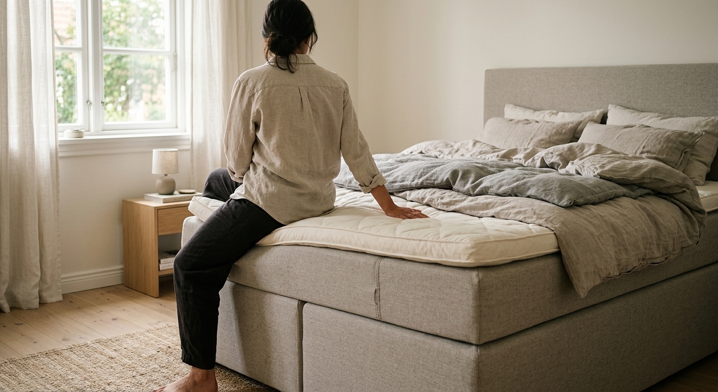 Iemand zit op de rand van een hoge boxspring in een rustige slaapkamer en voelt aan het matras