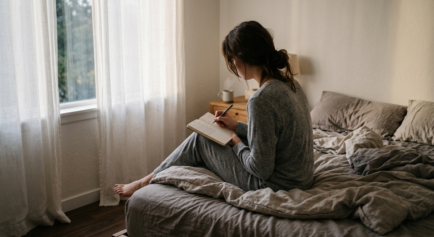 Vrouw zit net wakker op de rand van haar bed en schrijft haar droom op in een notitieboekje