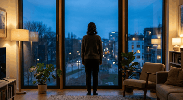 Persoon van achteren bij een raam terwijl het buiten schemert en de kamer warm verlicht is