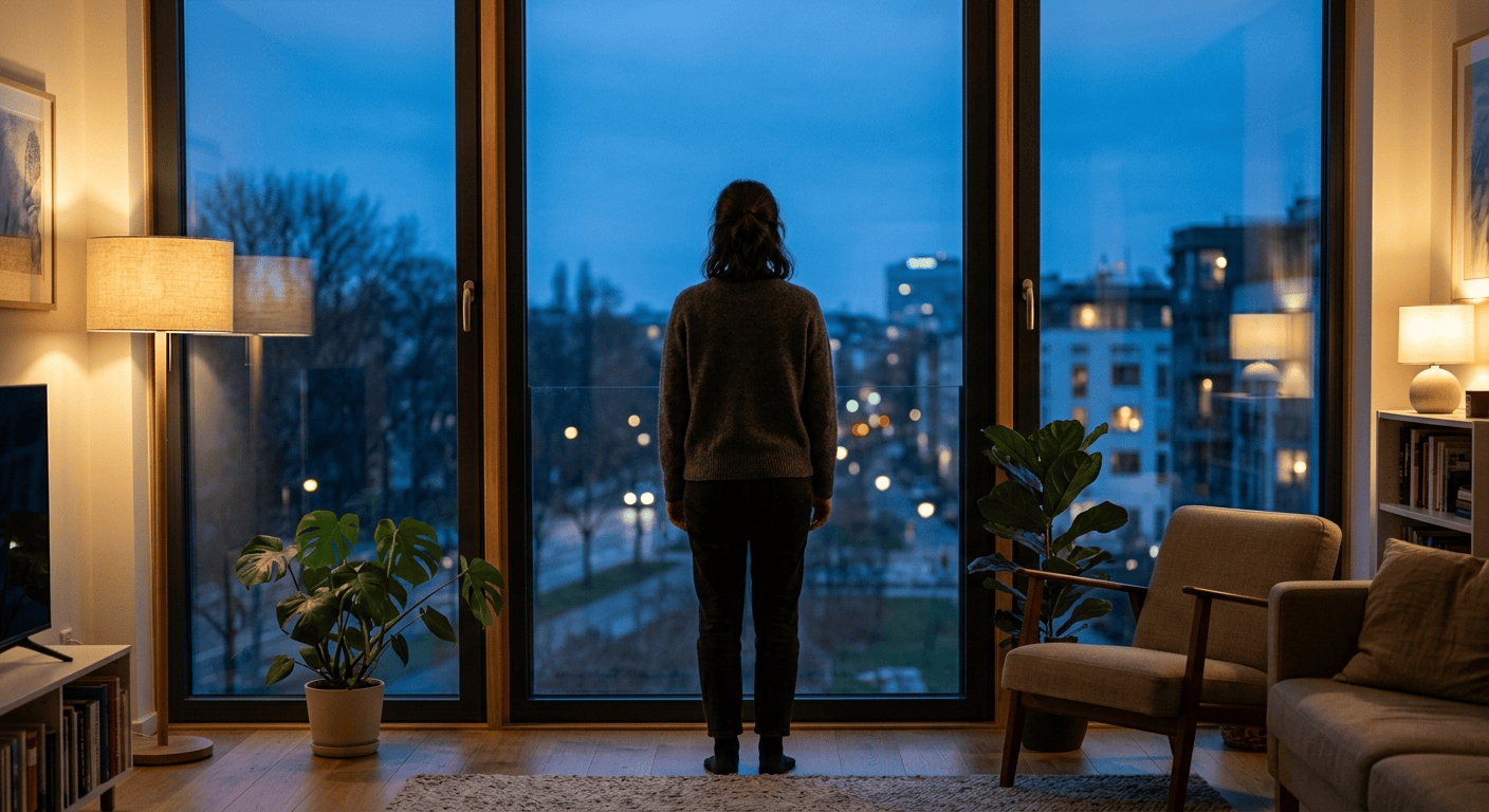 Persoon van achteren bij een raam terwijl het buiten schemert en de kamer warm verlicht is