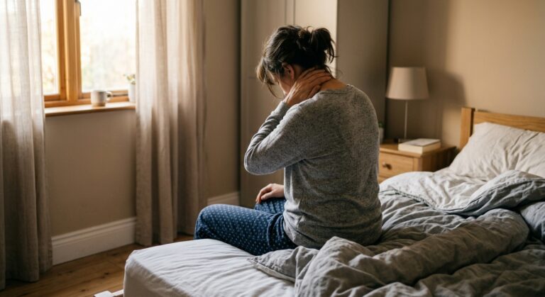 Iemand zit vermoeid op de rand van het bed bij ochtendlicht, gezicht niet in beeld