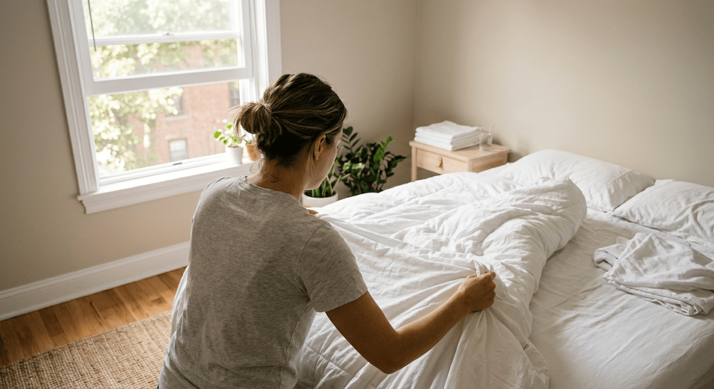 Iemand haalt het beddengoed af in een goed geventileerde slaapkamer met daglicht