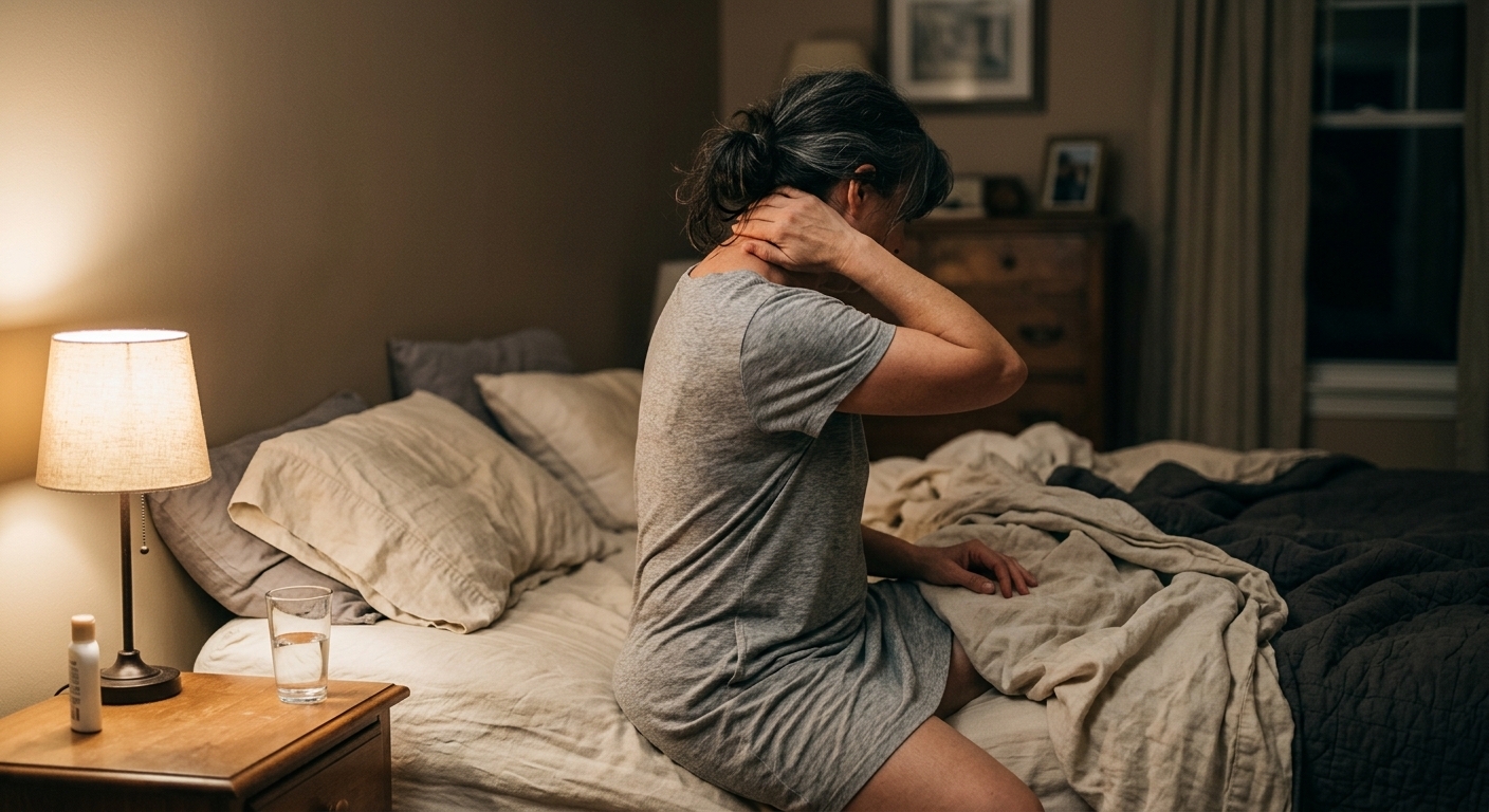 Vrouw van middelbare leeftijd zit 's nachts wakker op de rand van haar bed en veegt haar nek af tijdens een opvlieger
