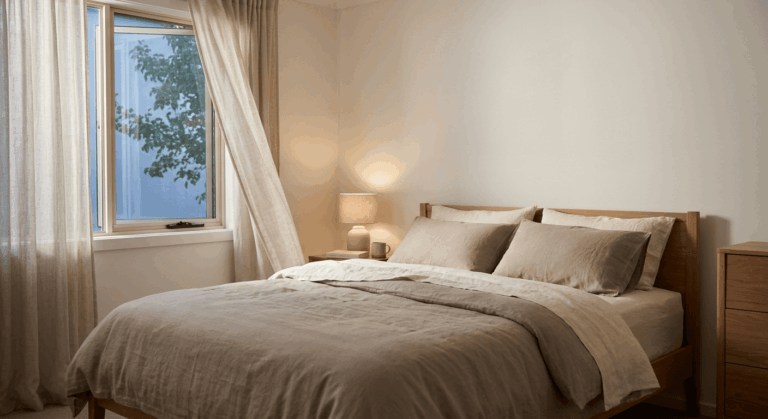 Opgemaakt bed met licht katoenen beddengoed bij een open raam in een koele, rustige slaapkamer